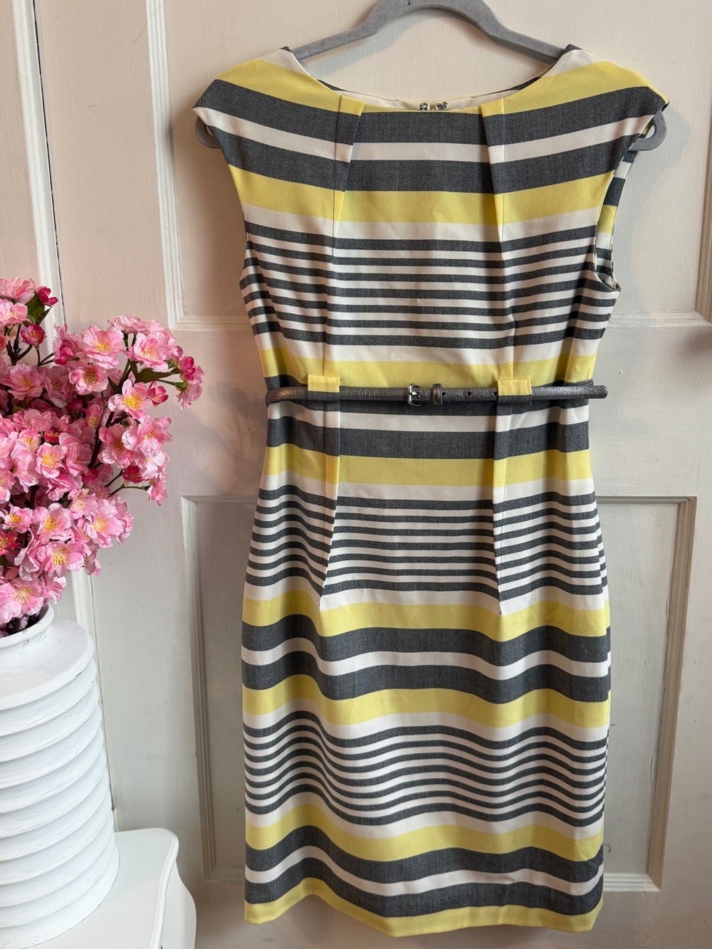 Calvin Klein Striped Cap Sleeve Belted Empire Waist Sheath Dress